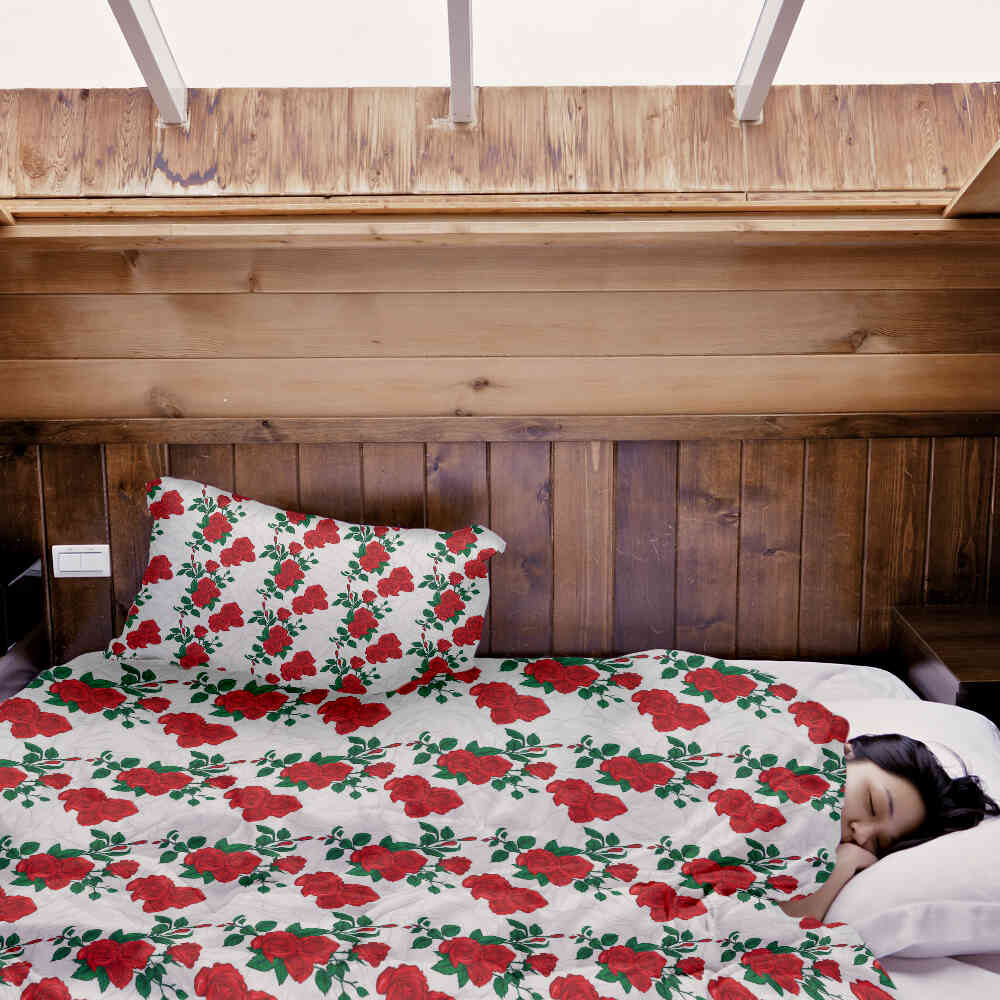 Couverture thérapeutique originale - Housse en coton blanc avec buisson de roses