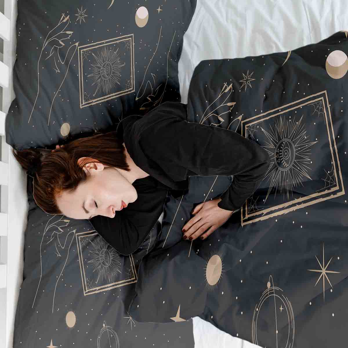 Couverture thérapeutique originale - Housse en coton noire avec soleil, lune et étoiles
