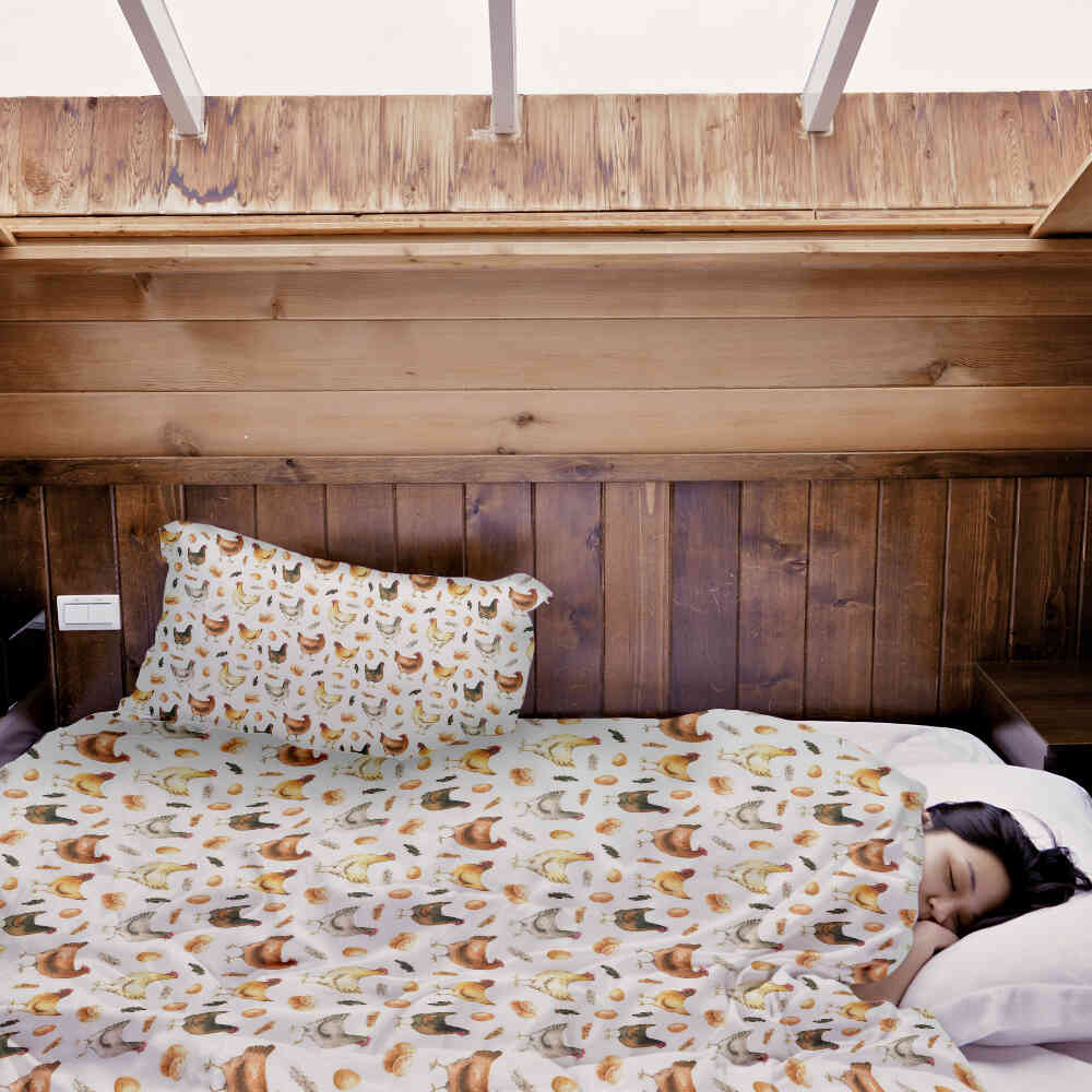 Couverture thérapeutique originale - Housse en coton blanche avec poules