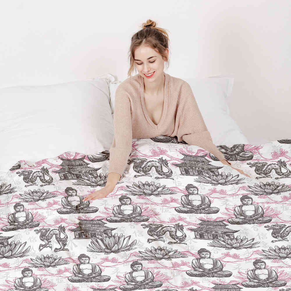 Ensemble de literie avec couverture thérapeutique et Bouddha rose