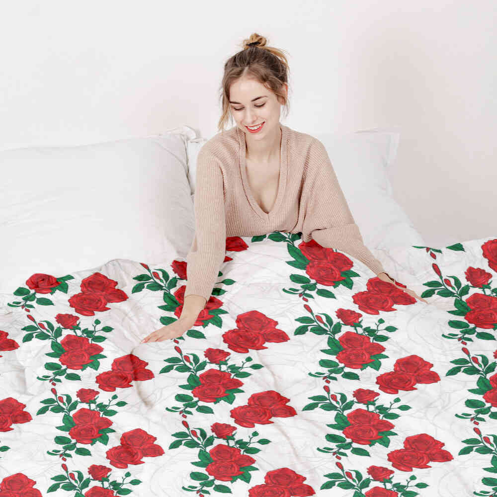 Couverture thérapeutique originale - Housse en coton blanc avec buisson de roses