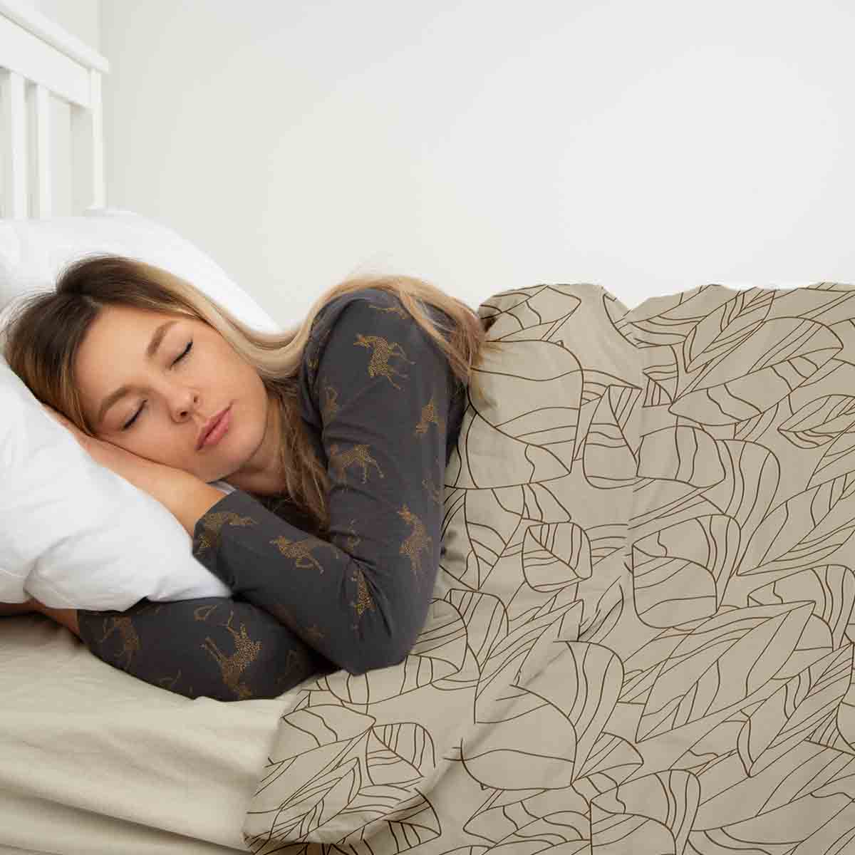 Couverture thérapeutique originale - Housse en coton beige avec motif de feuilles noir