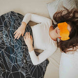 Therapy blanket bedding set, black with spiderweb pattern.
