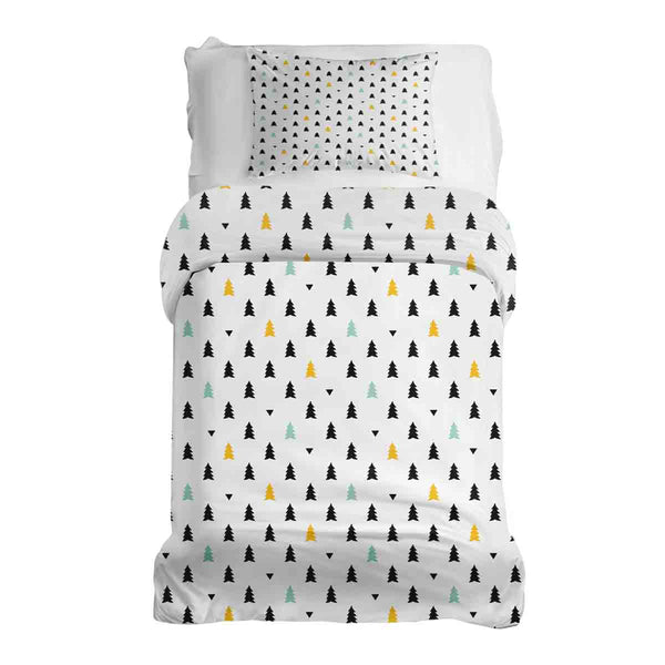 Therapy blanket and bedding set with small fir trees.