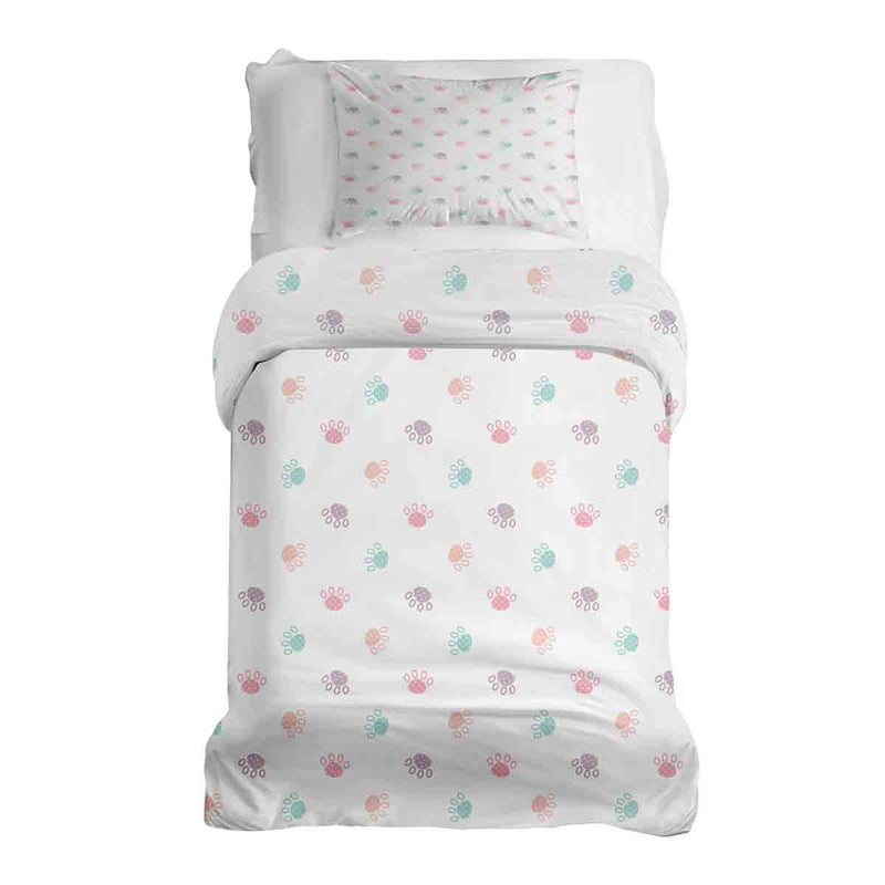 Therapy blanket and bedding set, white with colorful paws.