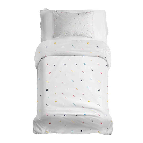 Therapy blanket and bedding set, white with colorful shapes.