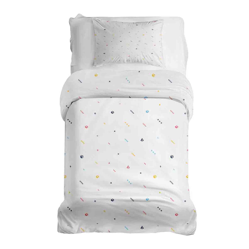 Therapy blanket and bedding set, white with colorful shapes.