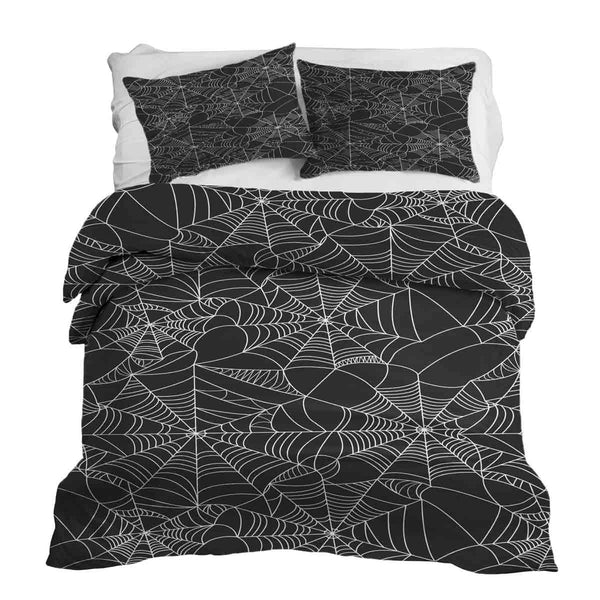 Therapy blanket bedding set, black with spiderweb pattern.