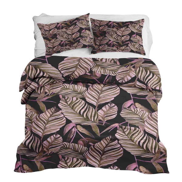 Therapy blanket and bedding set, black with purple leaves.