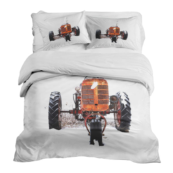 Therapy blanket bedding set, tractor design in orange.