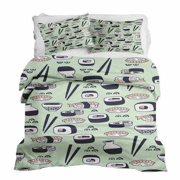 Therapy blanket and bedding set, light green with sushi.