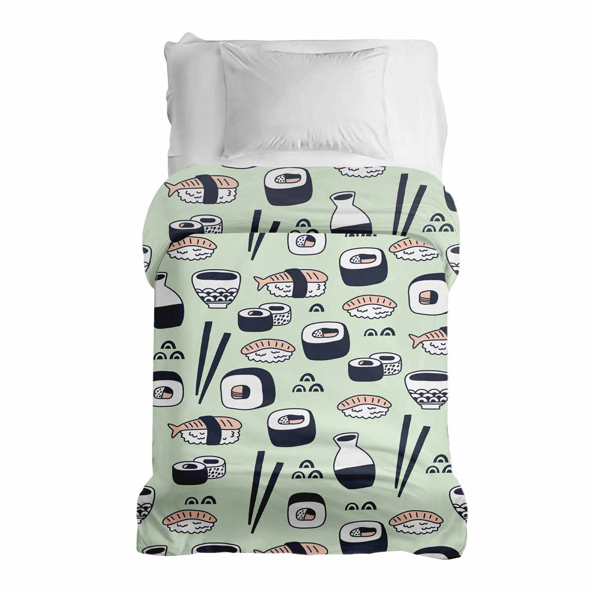 Couverture thérapeutique originale - Housse en coton vert clair avec sushi