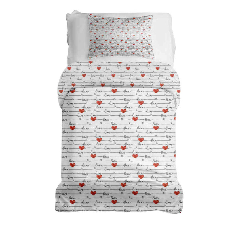 Therapy blanket bedding set, white with "Love" lettering.