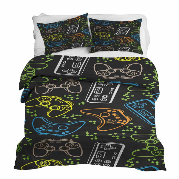 Therapy blanket bedding set, black, with game consoles.