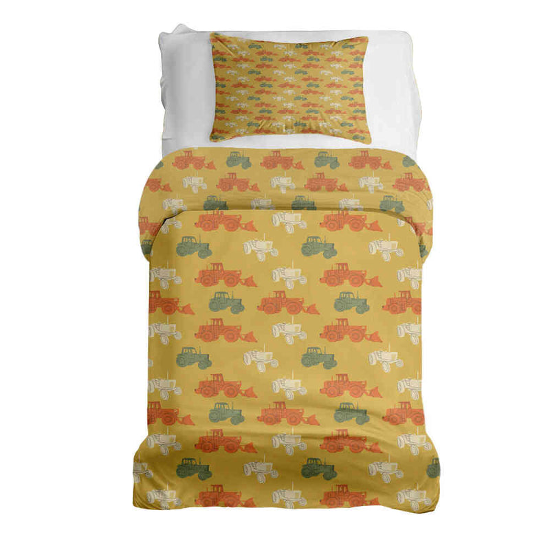 Therapy blanket and bedding set, orange with tractors.