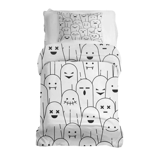 Therapy blanket and bedding set, white with funny ghosts.