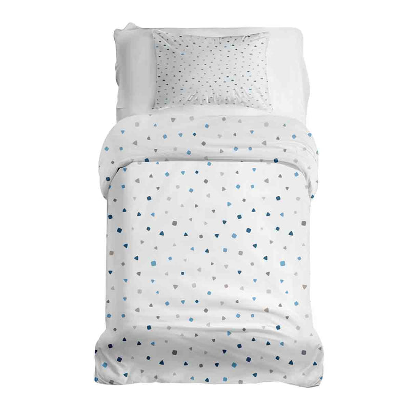 Therapy blanket and bedding set, white with small blue shapes.