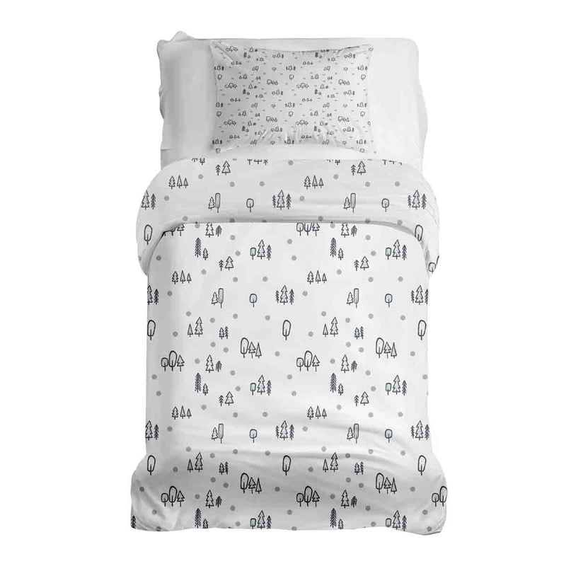 Therapy blanket and bedding set, white with dots and trees.