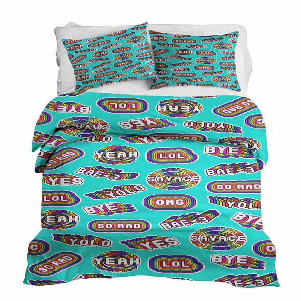 Therapy blanket and bedding set, turquoise with sayings.