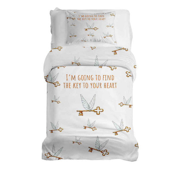 Therapy blanket and bedding set, white with flying key.