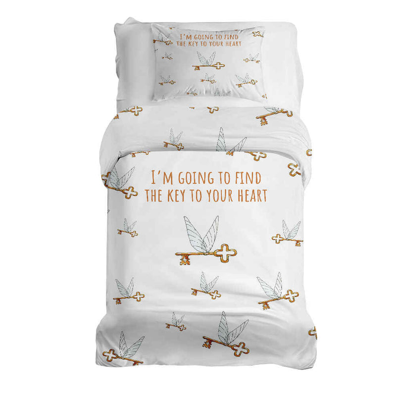Therapy blanket and bedding set, white with flying key.