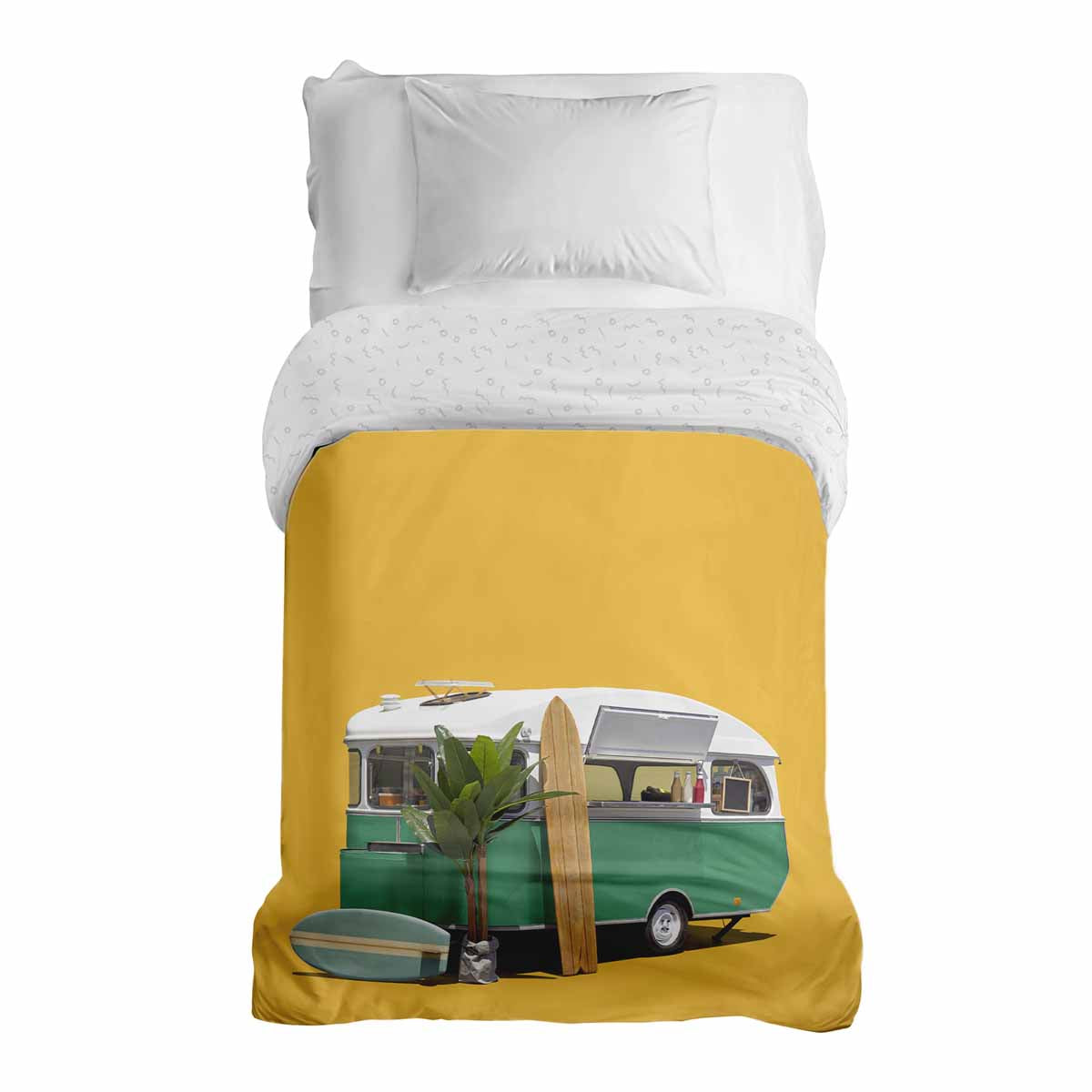 Couverture thérapeutique originale - Housse en coton jaune avec bus