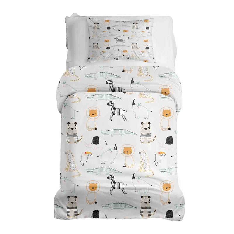 Therapy blanket bedding set, white with zoo animals.