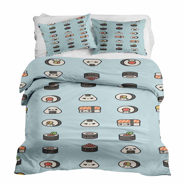 Therapy blanket and bedding set, light blue with sushi.