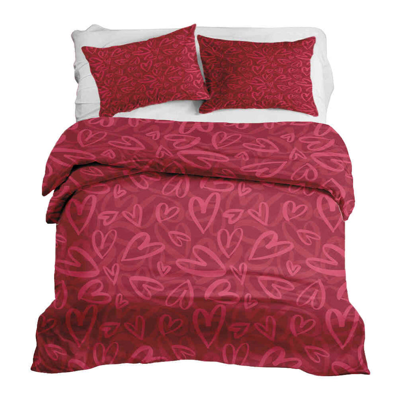 Therapy blanket and bedding set, red with pink heart motif.