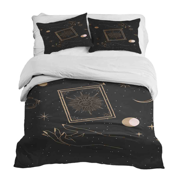 Therapy blanket and bedding set, black with sun, moon and stars.