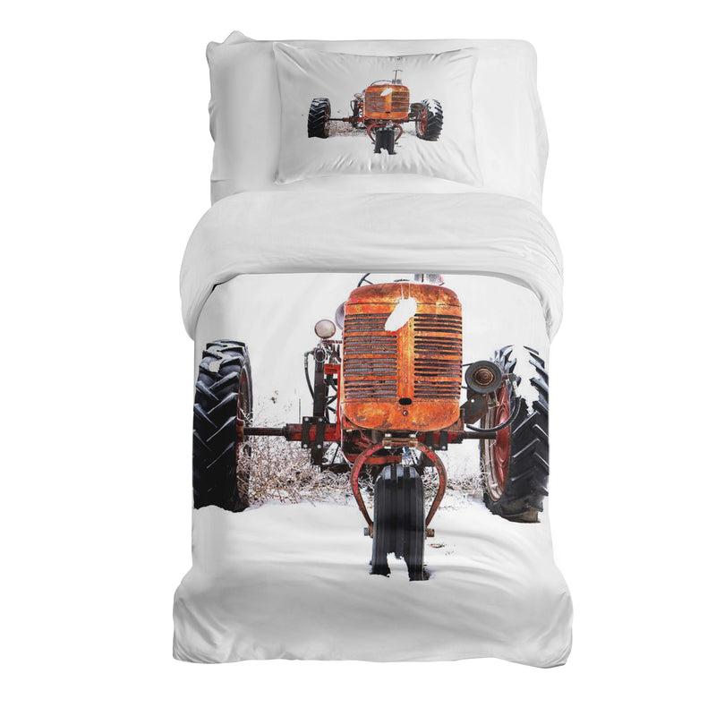 Therapy blanket bedding set, tractor design in orange.