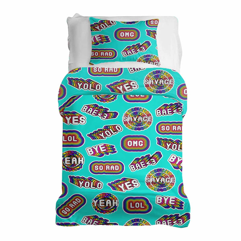 Therapy blanket and bedding set, turquoise with sayings.