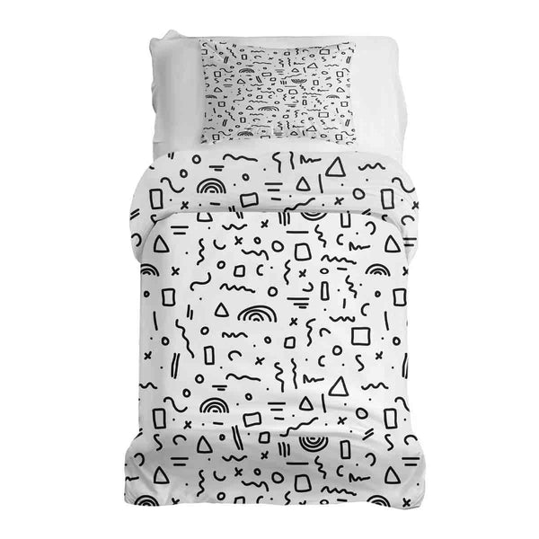 Therapy blanket bedding set, white with black shapes.