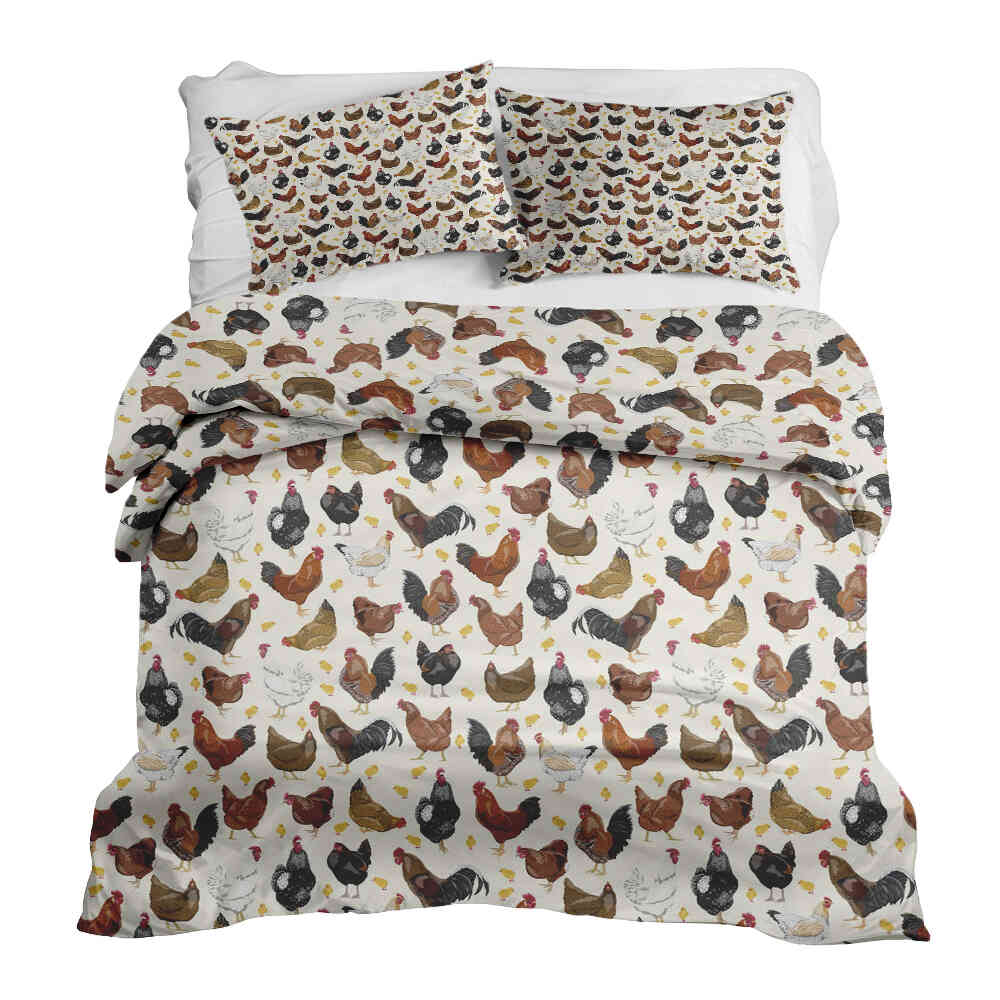Therapy blankets bedding set white with many chickens