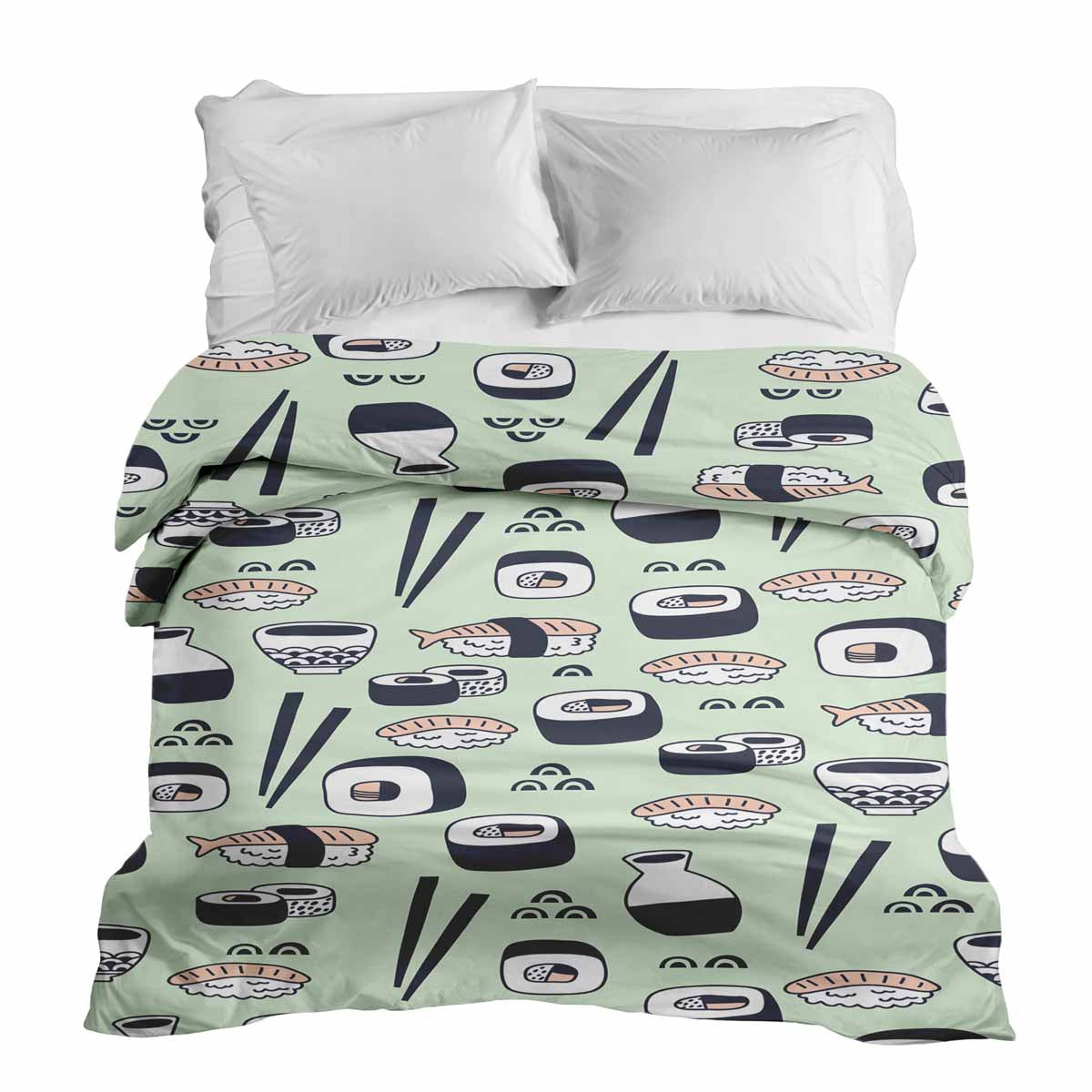 Couverture thérapeutique originale - Housse en coton vert clair avec sushi