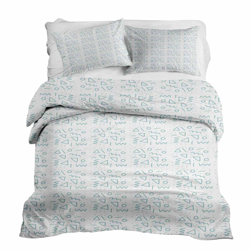 Therapy blanket and bedding set, white with blue shapes.