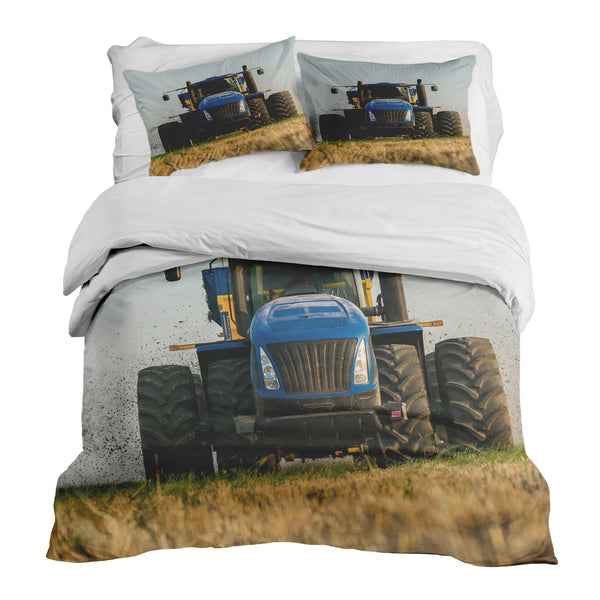 Therapy blanket and bedding set, tractor design in blue.