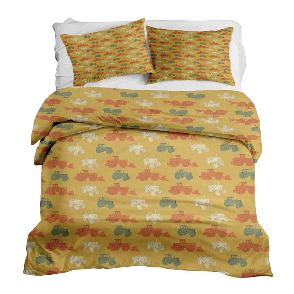 Therapy blanket and bedding set, orange with tractors.