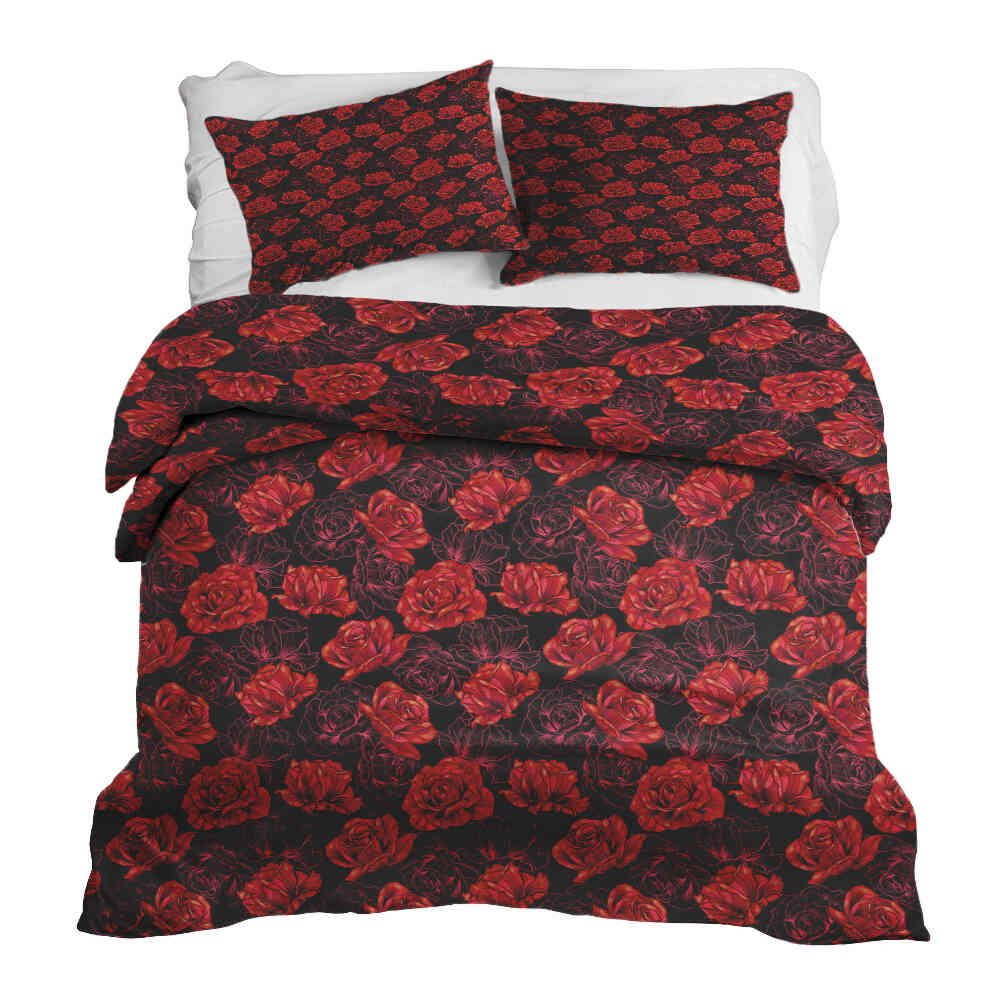 Therapy blankets bedding set black with red roses