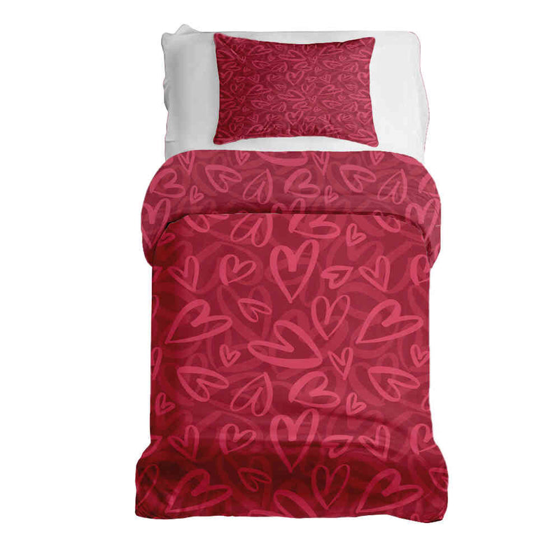 Therapy blanket and bedding set, red with pink heart motif.