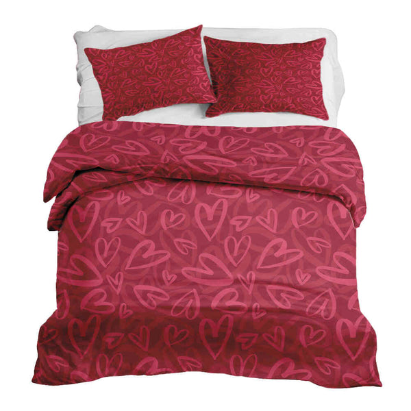Therapy blanket and bedding set, red with pink heart motif.