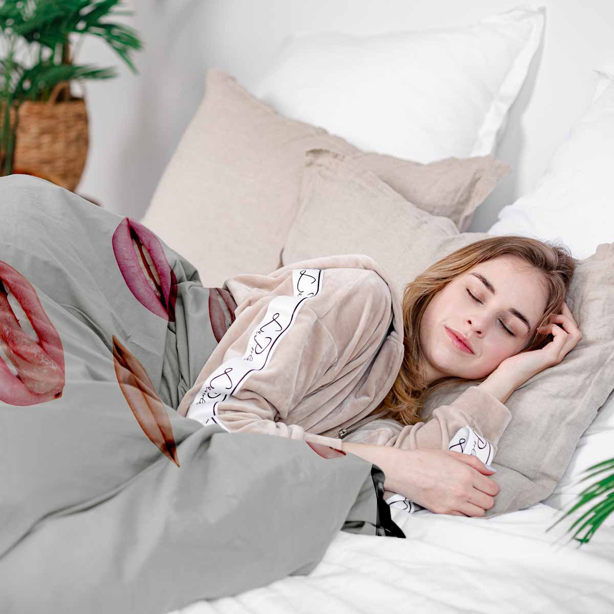 Therapy blankets bedding set white with lips