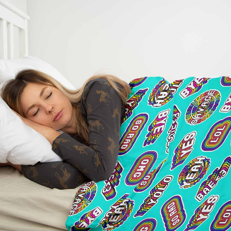 Therapy blanket and bedding set, turquoise with sayings.