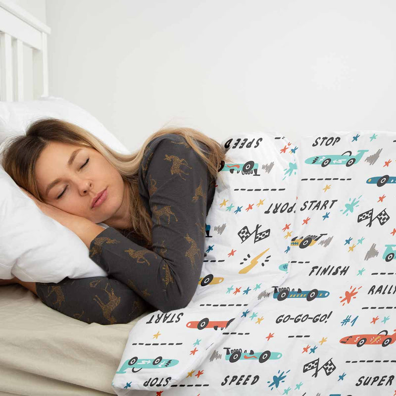 Therapy blankets and bedding set, white with racing cars.