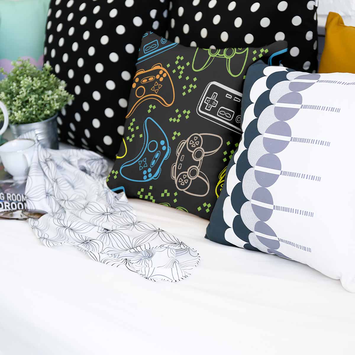 Coussin de santé noir avec consoles de jeux