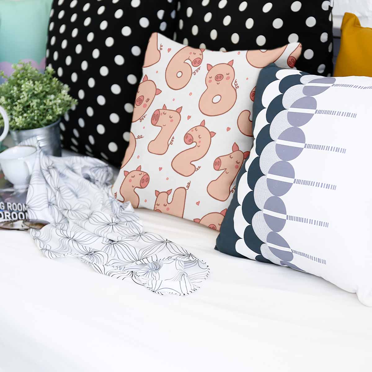 Health pillow white with numbers and pigs