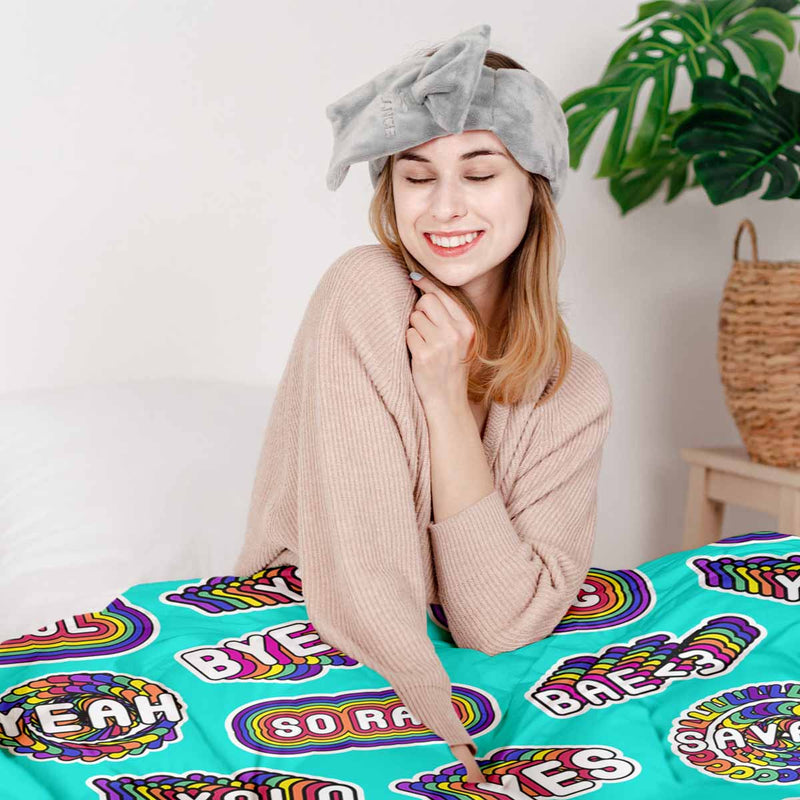 Therapy blanket and bedding set, turquoise with sayings.