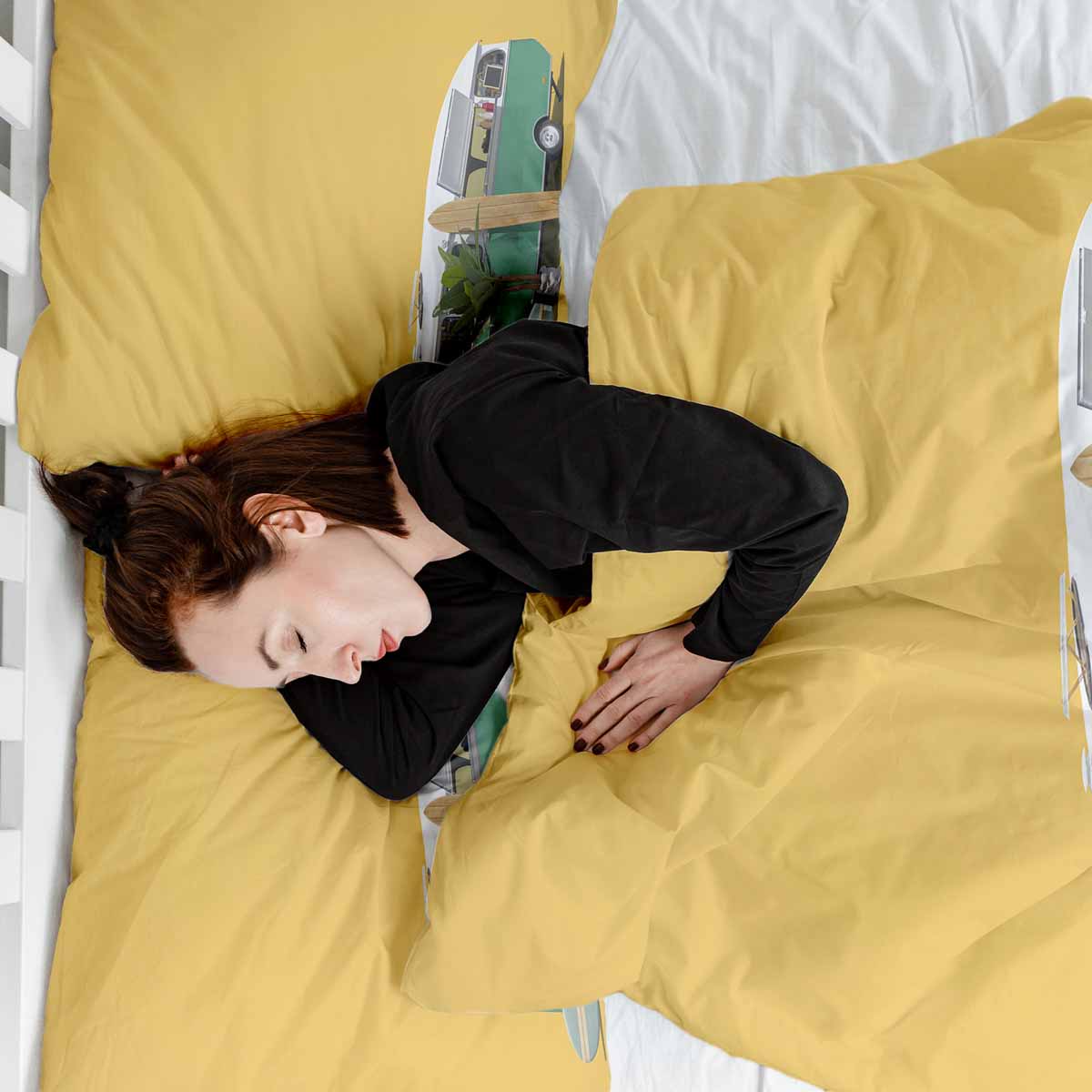 Couverture thérapeutique originale - Housse en coton jaune avec bus