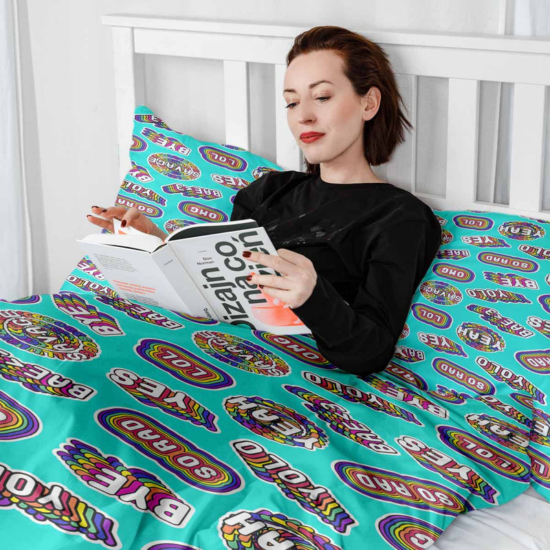 Therapy blanket and bedding set, turquoise with sayings.
