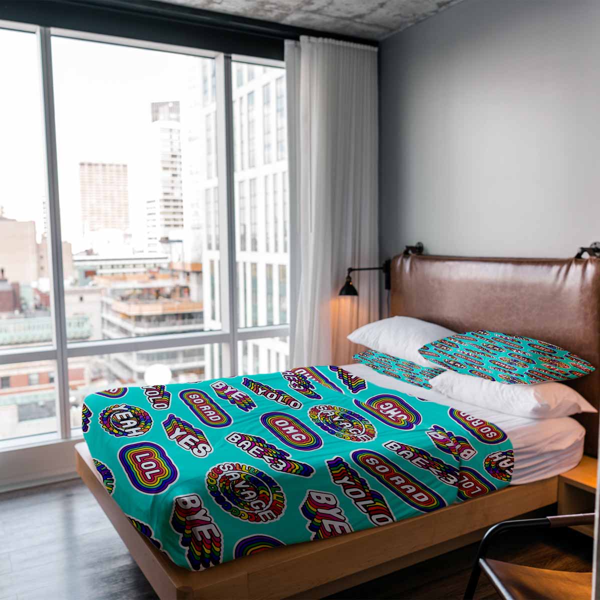 Ensemble de literie avec couverture thérapeutique turquoise avec citations